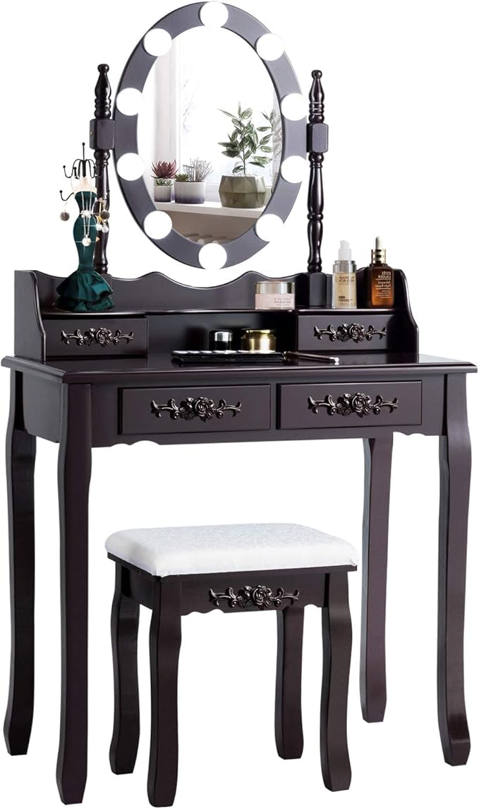 Giantex Makeup Vanity Table with 10 LED Lights, Adjustable Brightness, 3 Color Light Modes, 4 Drawers, Rotatable Mirror, Cushioned Stool, Vanity Desk Dressing Table Bedroom Furniture (Espresso)