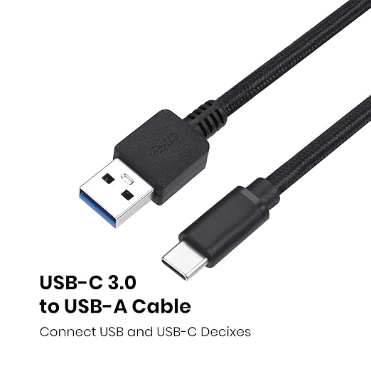 Perixx PERIPRO-407 USB Type-C Male to USB-A Male 3 Ft. Braided Cable - USB3.0 Spec for Smartphones, Tablets, Laptop, and Desktops - Black