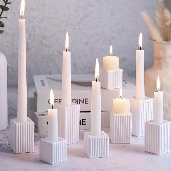 LETINE 12pcs White Vertical Stripe Glass Candlestick Holders - Modern Farmhouse Taper Candle Sticks Holder Set for Elegant Dining & Home Decor,Ideal Candle Holders for Wall, Living Room Decor