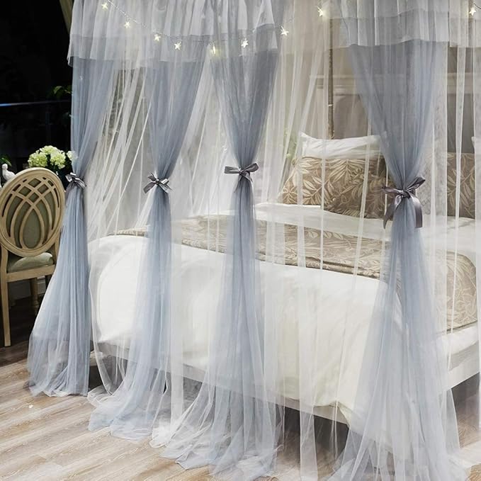 Joyreap Luxury 4 Corners Post Canopy Bed Curtains - Grey & White Cozy Drape Netting - Cute Princess Style Bedroom Decoration Accessories (47" W x 78" L, Twin)