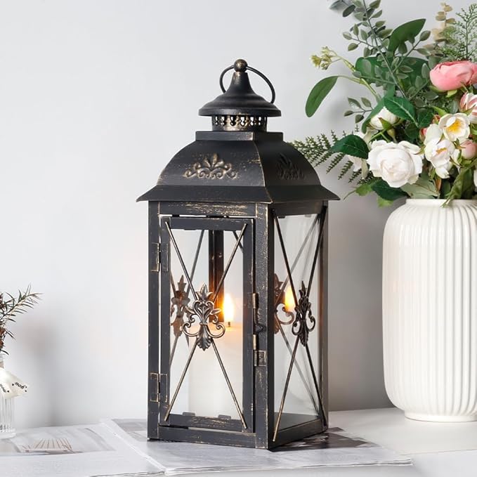 TRIROCKS Decorative Hanging Lantern 13.5'' High Vintage Metal Candle Holder with Tempered Glass Perfect for Living Room Garden Yard Patio Parties Events Indoors Outdoors (Black)