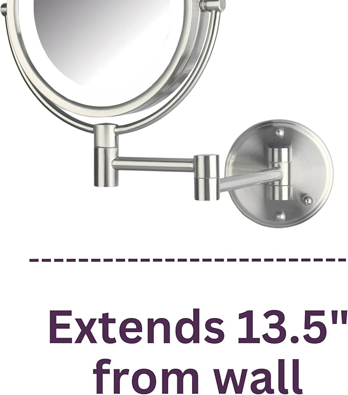 JERDON Wall-Mounted Makeup Mirror with Lights - Direct-Wired Lighted Makeup Mirror with 8X Magnification & Nickel Finish - Model HL88NLD