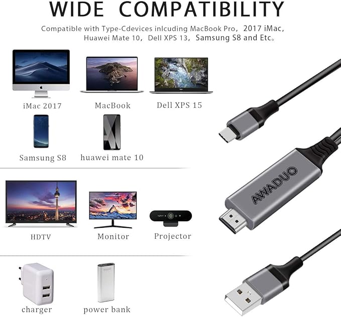 USB C to HDMI Adapter with Charging Cable, Type c to HDMI Adapter 4K 30Hz Compatible with MacBook 2018 iPad Pro,iMac,ChromeBook Pixel,Galaxy S9 Note9 S10 Surface Book Pro- 6.6FT (6.6FT, Black)