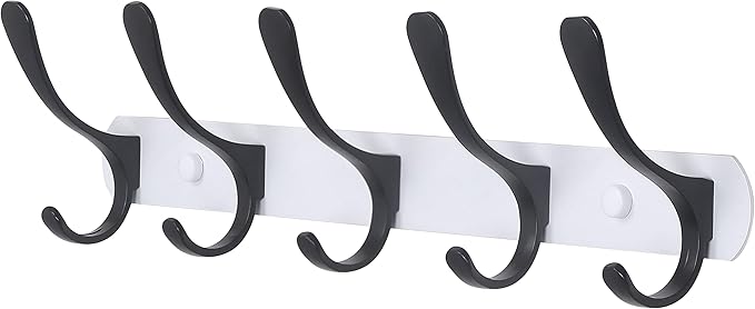 SKOLOO Modern Metal Wall Coat Rack with 5 Hooks - Sturdy Wall Hook Rack for Hanging Coat, Jacket, Clothes, Hat, Black on White