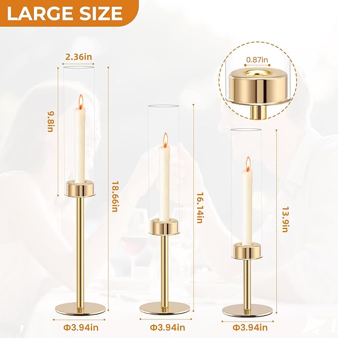 Glass Hurricane Candlestick Holders, Rose Gold Taper Candle Holder Set, Vintage Candelabra, Great Gift for Home Decor Aesthetic, Birthday Parties, Fireplace Parties,Thanksgiving Day & Christmas