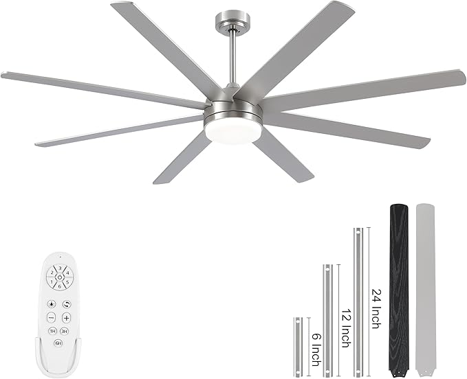 YUHAO 72 Inch Brushed Nickel Ceiling Fan with Light and Remote Control.Noiseless,Dimmable,3CCT,6 Speeds Reversible, DC Ceiling Fans for Indoor or Covered Outdoor