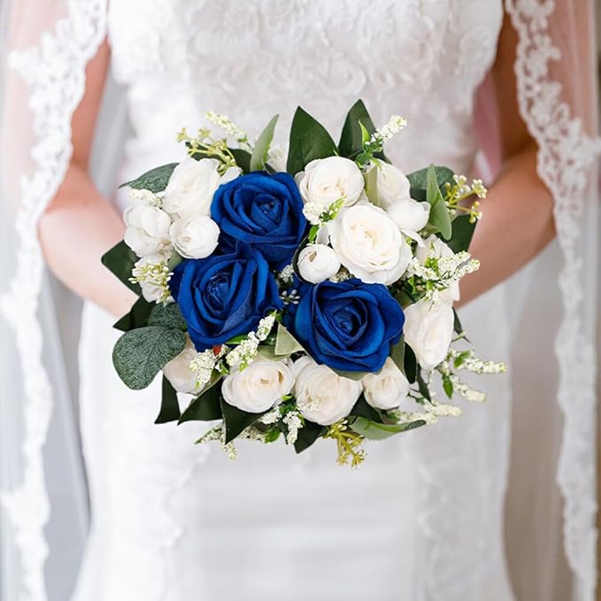 Artificial White Rose Wedding Bouquet - Faux Bride & Bridesmaid Bouquet for Wedding Decor