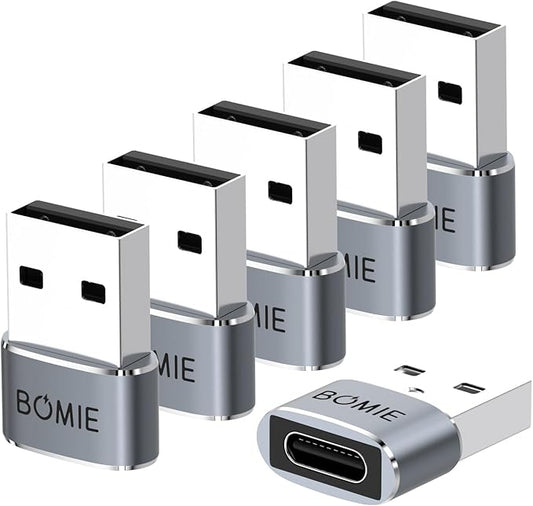 BOMIE 6 Pack USB to USB C Adapter,PD27W/66W/QC100W Fast Charging 480Mbps Data Transfer,USB C Female to USB A Male Adapter,Aluminum Housing for M-acBook,Phone 15/16/17 Pro Max,Pad,G-alaxy,P-ixel Gray