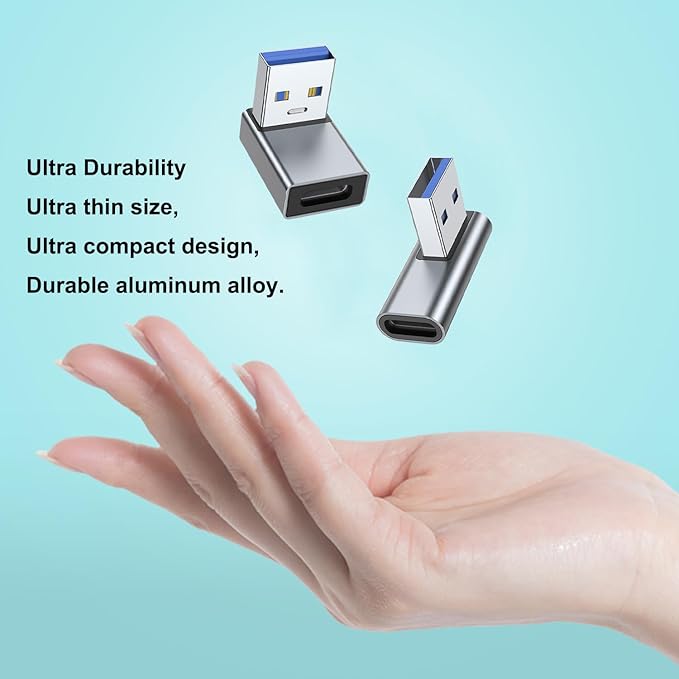 AreMe 90 Degree USB to USB C Adapter 4 Pack, Up and Down Angle, Left and Right Angle Type C Female to A Male Converter Extender for PC, Laptop, USB A Charger, Power Bank and More (Grey)