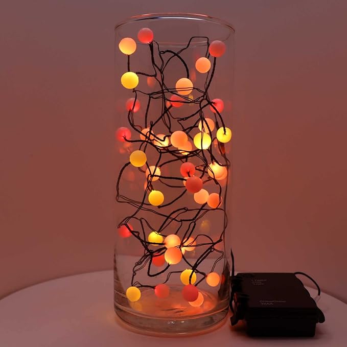 QBIS 40 LED Berry Cluster Lights - Red, Orange & Yellow Battery Powered Christmas Lights with Timer, String Lighting Perfect for Christmas, Fall and Fireplace Cozy Lighting. Indoor and Outdoor use.