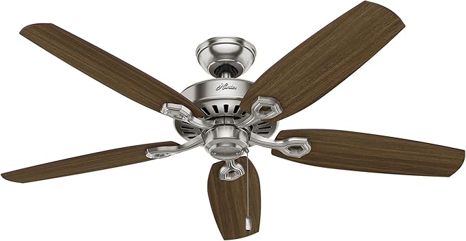 Hunter 52 inch Indoor Ceiling Fan No Light with Pull Chain - Ceiling Fan without Light, Standard Mount, 5 Blades, For Bedroom, Living Room, or Kitchen - Builder Elite 53241, Brushed Nickel