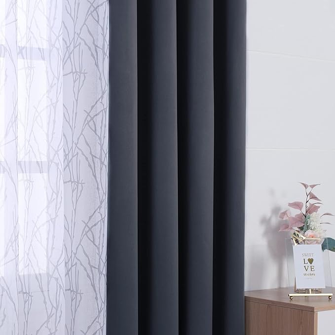BONZER Mix and Match Curtains - 2 Pieces Branch Print Sheer Curtains and 2 Pieces Blackout Curtains for Bedroom Living Room Grommet Window Drapes, 54x84 Inch/Panel, Grey Dark, Set of 4 Panels