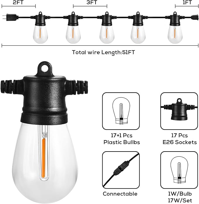 Banord 51FT Outdoor String Lights, Waterproof Patio Lights with 18 Shatterproof LED Bulb Hanging Light String, Black String Light Outdoor for Backyard, Garden, Porch, Cafe, Deck, Wedding, Party