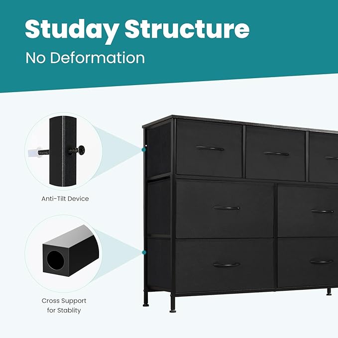 OLIXIS Dresser for Bedroom, 7 Storage Drawers, Wide Fabric Closet Chests Organizer Tower Furniture, TV Stand with Wooden Top Metal Frame for Clothes, Living Room, Hallway, Entryway, Black