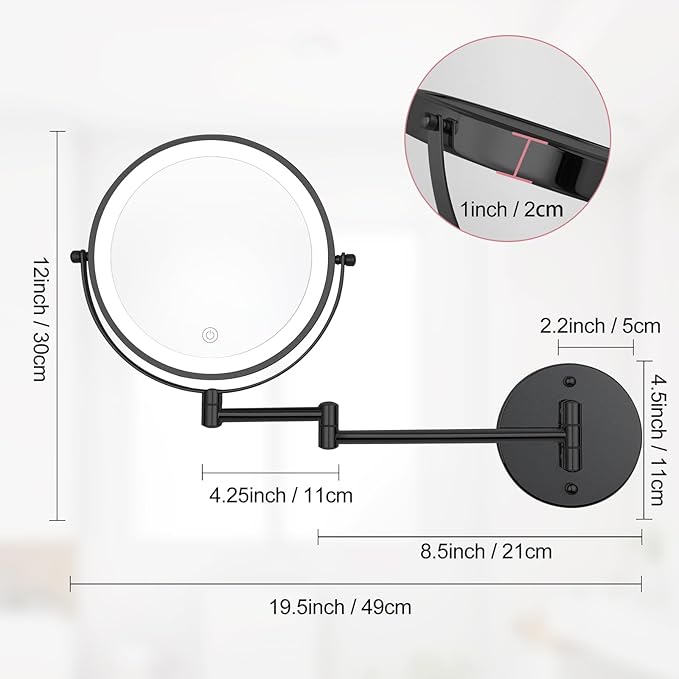 Rechargeable Wall Mounted Lighted Makeup Mirror, 8" Double-Sided Magnifying Vanity Mirror 1X/10X, 3 Color Touch Screen Dimmable Shaving Mirror, 360° Rotation Foldable Bathroom Mirror, Black