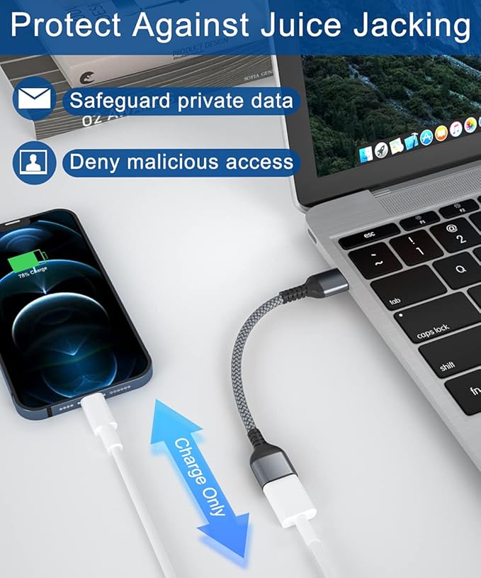 RUXELY USB Data Blocker Adapter 3-Pack,Charge Only Type-A Cable,Data Blocking Defender,Protect Against Juice Jacking,USB Power Connector for iPhone 17 17e 16 15 14,Samsung Galaxy S26,iPad Air Tablet