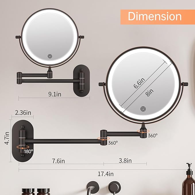 Rechargeable Wall Mounted Lighted Makeup Vanity Mirror 8 Inch Double Sided 1X 10X Magnifying Bathroom Mirror, 3 Color Lighting, Touch Dimming, Extended Arm 360 Rotation Light up Mirror Antique Bronze
