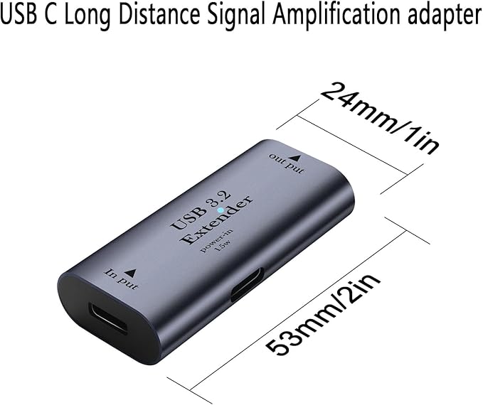 QIANRENON USB C Signal Amplifier Extender Adapter Extension 10m/32.8ft USB C 3.2 Long Distance Charging Data Connector 5Gbps 5V/3A, Built-in Chip/LED/Al Alloy Shell, with USB C 15W Power Port