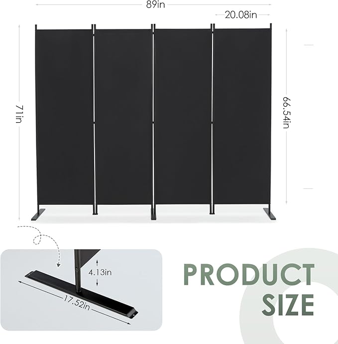 RANTILA 4 Panel Room Divider, 6 FT Folding Privacy Screen with Wide Feet, Freestanding Partition for Room Separation, Portable Room Divider Panel, 89" W x 71" H, Black