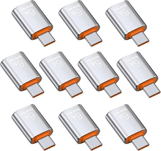 BOMIE USB C to USB Adapter 10 Pack, 6A 120W Fast Charging 10Gbps Data Transfer,USB C Male to USB 3.2 Female OTG Adapter for Phone 15/16/17,Pad,Ma-cBook Pro/Air,Smartphone,Laptop,Tablet Silver