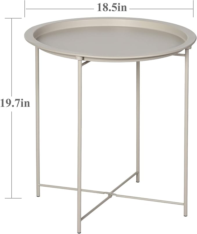 VECELO Side/End Table, Folding Round Metal Anti-Rust and Waterproof Outdoor or Indoor Tray for Living Room Bedroom Balcony and Office, 2 PCS, Grey