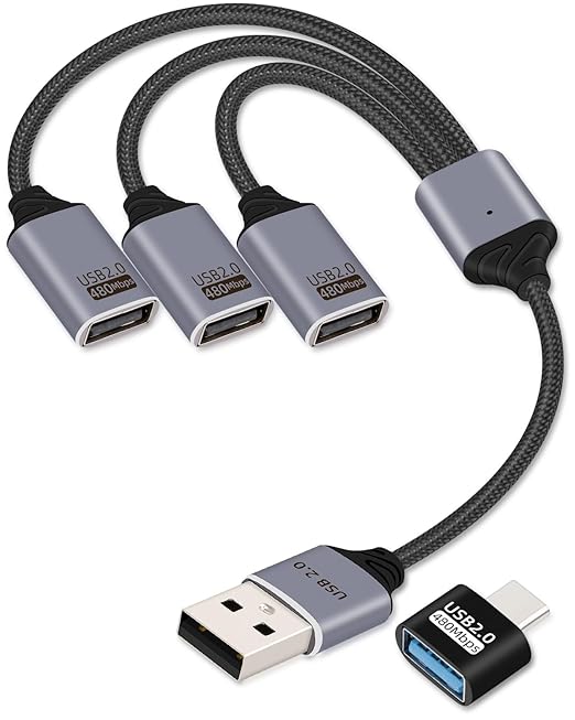 USB A Splitter Cable 3 Port 1 Male to 3 Female,1 in 3 Out USB Extender Hub Data & Power Charging USB 2.0 Extension Cable for Car,Laptop,Keyboard,Mouse(25CM)