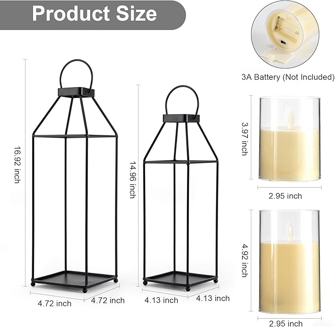 Lanterns Decorative Outdoor 2PCS Living Room Decor Lantern Black Metal Lantern Front Porch Decor Lanterns Decor Indoor with LED Candle Lanterns Decor No Glass for Indoor Outdoor (Small&Large, 2Pcs)