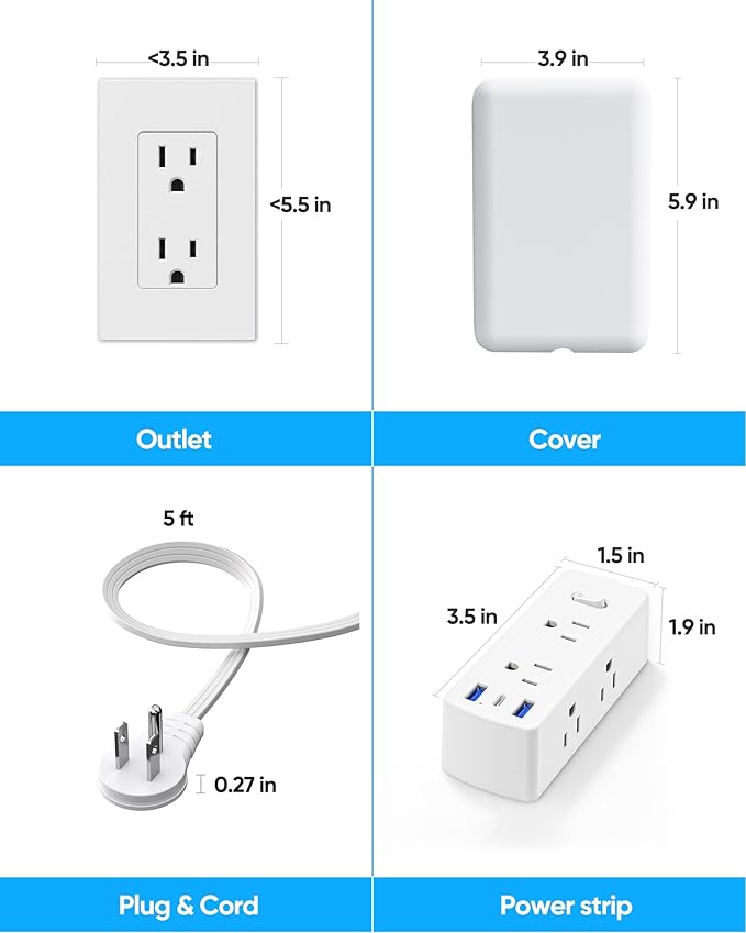Flat Extension Cord with Outlet Cover, Flat Plug Power Strip with 6 Outlets and 3 USB Ports, 2000 Joules Surge Protector, 3 FT Cord Hidden Outlet Extender for Tight Spaces