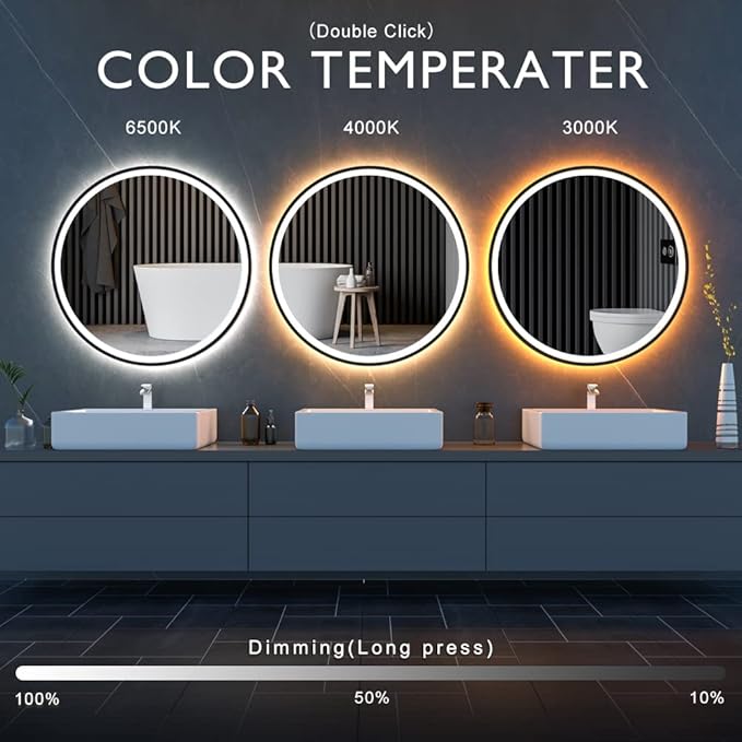 LED Sensor Mirror, Round Human Body Induction, Black Framed Vanity Mirror, Illuminated Dimmable Anti Fog IP44 Waterproof Wall Mounted Mirror (32" L x 32" W)