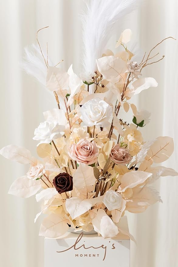 Ling's moment Christmas Decor, 41" Tall Fall Free Standing Artificial Flowers Arrangements 2pcs Wedding Arch Altar Stage Decorations White Beige for Ceremony Reception Rose Fake Floral Party