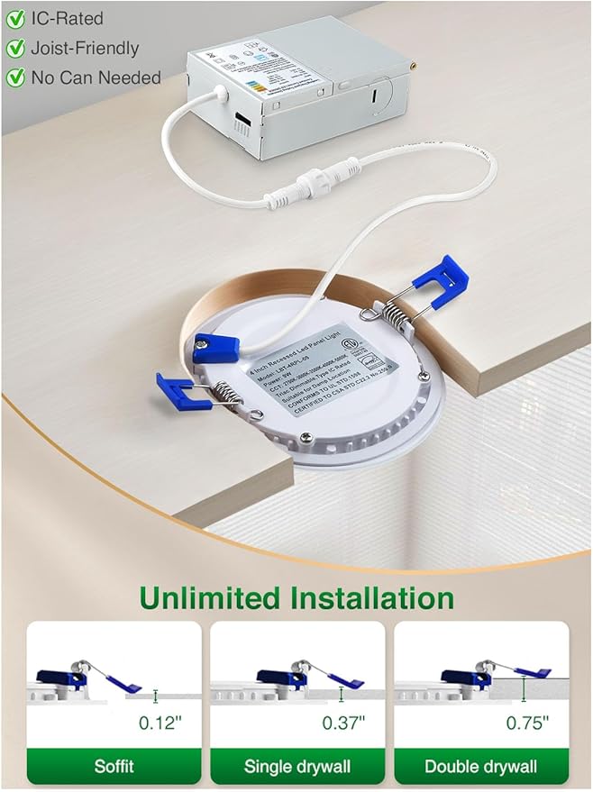 zouzai 12 Pack 6 Inch 5CCT Ultra-Thin LED Recessed Ceiling Light with Junction Box, 2700K/3000K/3500K/4000K/5000K Selectable, 12W Eqv 110W,Dimmable, led can Lights- ETL and Energy Star Certified