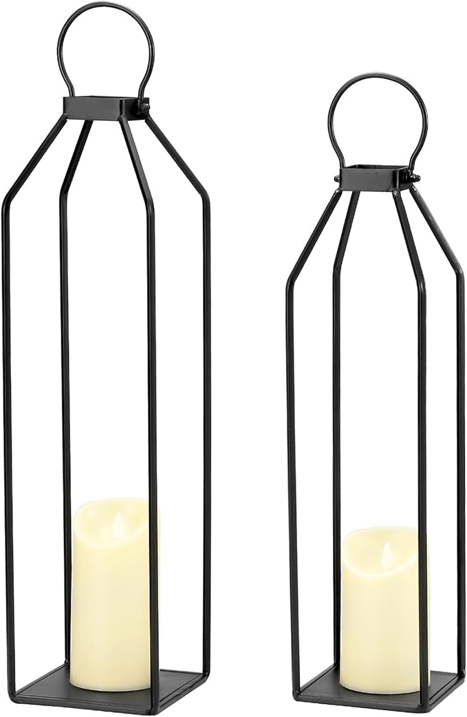 Perfnique Modern Farmhouse Lantern Decor, 19.7'' 22'' Set of 2 Black Metal Lanterns, 2 LED 6hr Timer Flickering Flameless Candles, Lanterns Decorative for Porch, Patio, Fireplace Mantle, Christmas