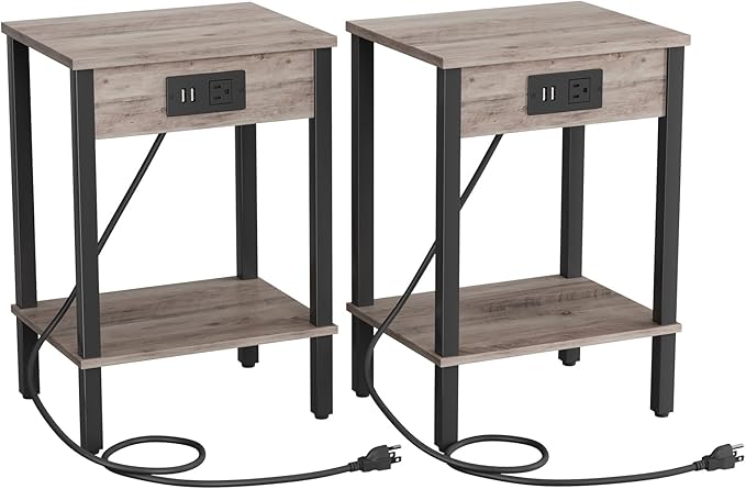 VIMBER Set of 2 End Table with Charging Station, Narrow Side Table with USB Ports and Outlets, Nightstands with 2-Tier Storage Shelves, Sofa Table for Small Space Living Room Bedroom, Greige