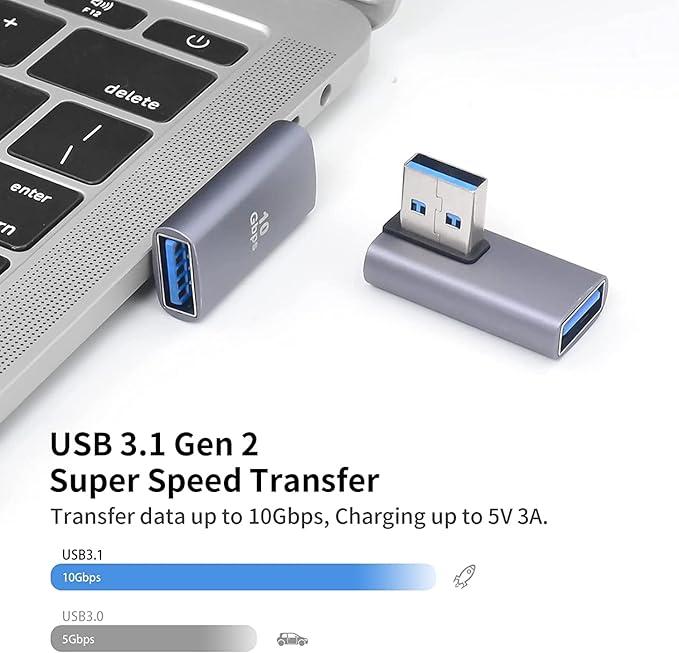 90 Degree USB 3.0 Adapter, Up & Down Left Angle / 180 Degree USB A Male to Female Converter Extender, L/U Shape 10Gbps Data Transfer Connector