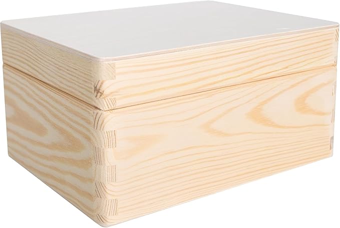 Large Plain Wooden Storage Box with Lid | 7.67x5.90x3.93in (+/-0.39in) | Hinged Lid | Unpainted Gift Box Kitchen Storage | Rough & UNSANDED Wood Keepsake Memory Craft Chest