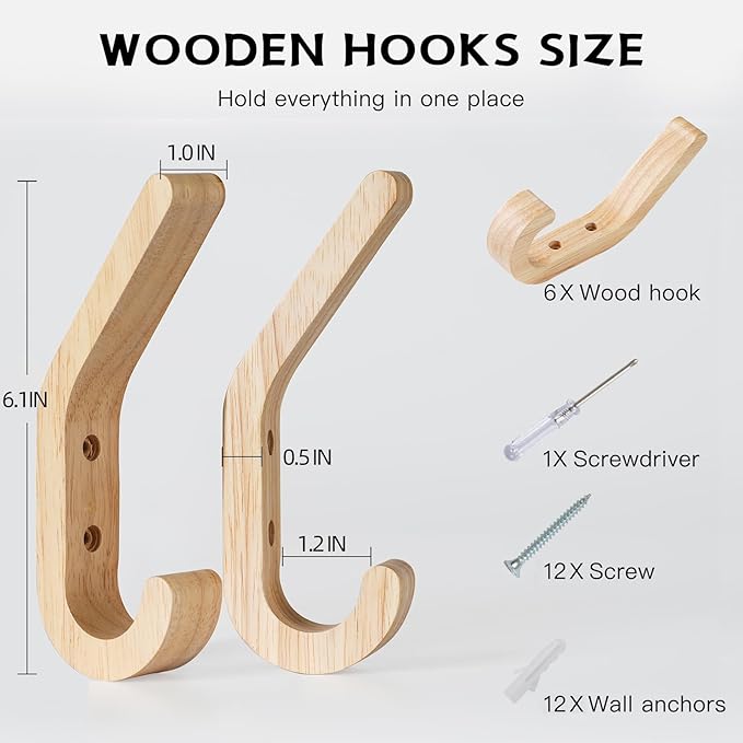 Wooden Coat Hooks for Wall,6 Pack Wall Mounted Natural Wood Hooks,Modern Decorative Oak Wall Pegs for Mudroom,Heavy Duty Hat Hanger Hooks for Hanging Coats, Backpack,Towels,Purse