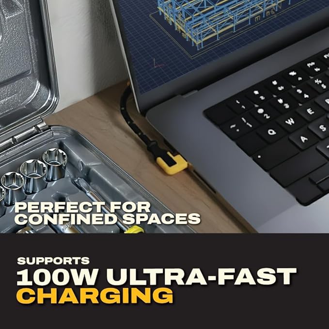 DEWALT Heavy Duty 90 Degree USB-C Extension Cable Adapter 100W PD – Angled Type-C Male to Female Connector with Kevlar Reinforced Cable, Durable Strain Relief, Fast Charging for Laptop, Tablet, Phone