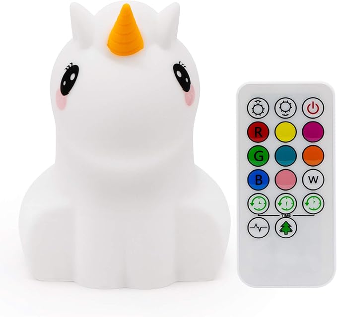 Night Lights Unicorn Nursery Lamp, Children Silicone Bedside Lighting Decorative Bedroom - Eye Caring, Adjustable Brightness & Color, Time Setting, Children's Gift Birthday Presents - Medium