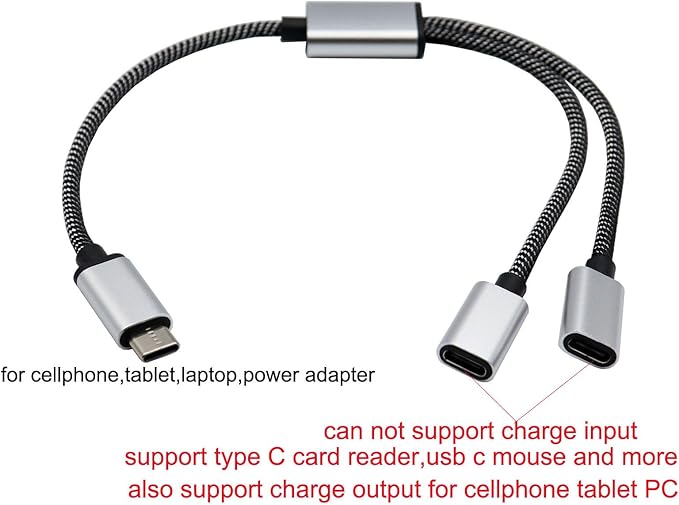 USB C Male to Double USB C Female Splitter Converter Adapter Extension Connector Cable for Charging and Data Transfer Nylon + Aluminum Alloy