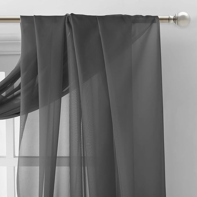 NICETOWN Dark Grey Scarf Valances for Windows, Decorative Soft Voile Sheer Window Scarfs for Farmhouse/Cottage, W60 x L216, Sold by 2 Panels