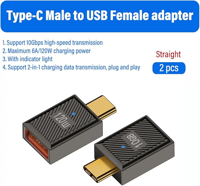 5 Pack USB-C to USB-A Adapter, 10Gbps 120W with LED, Compatible with Laptop, Tablet,Smartphone (Straight+U Type+Positive Bend+90 Degree Angle+Side Bend USB-C to USB-A with LED Indicator)
