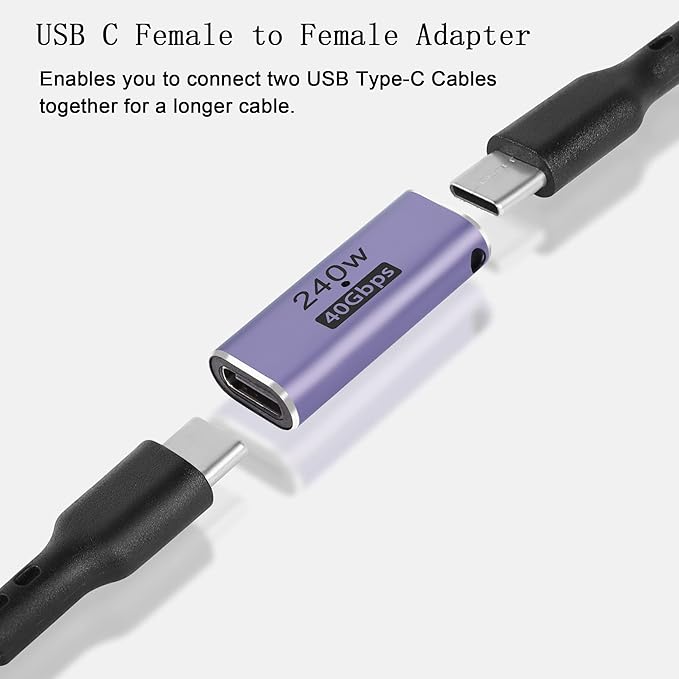 QIANRENON 240W 40Gbps USB4.0 C Female to Female Adapter Coupler Type C 4.0 Female Connector Extender, LED Indicator, Supports 8K Audio and Video Transmission, 2 pcs (Passthrough F/F)