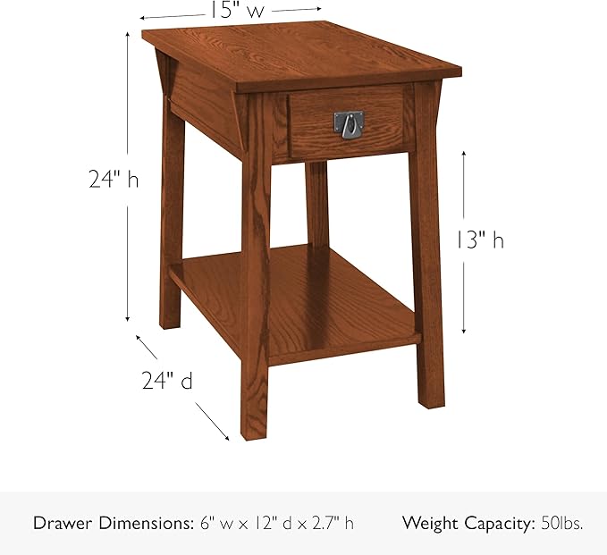 Leick Home Mission End Table, Solid Wood, 1 Storage Drawer, Bottom Display Shelf, Narrow, Easy-Assembly, For Living Room/Bedroom, Russet, 24 in L x 15 in W x 24 in H, 9059-RS