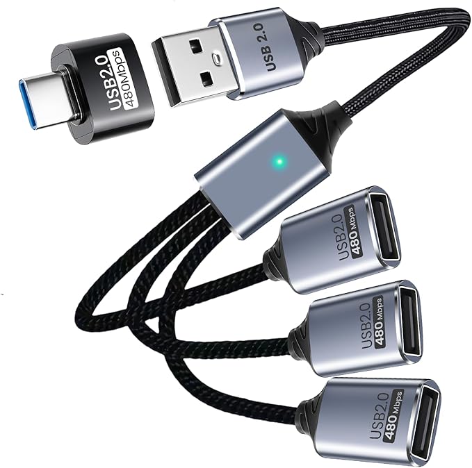 USB Splitter 3 Port with USBC Adapter for Laptop, 1 in 3 Out Extension Cable, Data and Power Cable Compatible with PC Keyboard Mouse Mac Flash Drive PS4 PS5 Printer