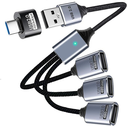 USB Splitter 3 Port with USBC Adapter for Laptop, 1 in 3 Out Extension Cable, Data and Power Cable Compatible with PC Keyboard Mouse Mac Flash Drive PS4 PS5 Printer