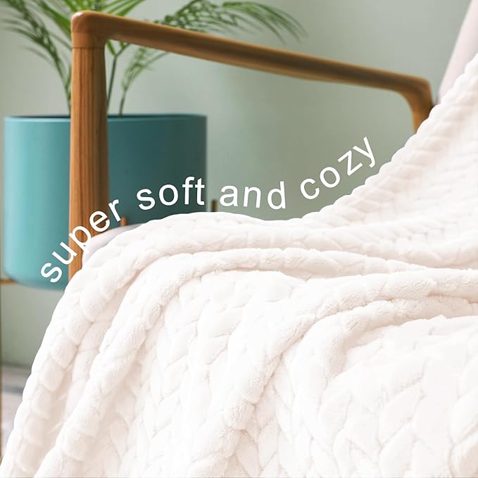 Exclusivo Mezcla Fleece Queen Size Blanket for Bed, 90x90 Inches Soft Cozy Jacquard Flannel Blankets, Lightweight Fuzzy Plush Warm for Winter, Off White