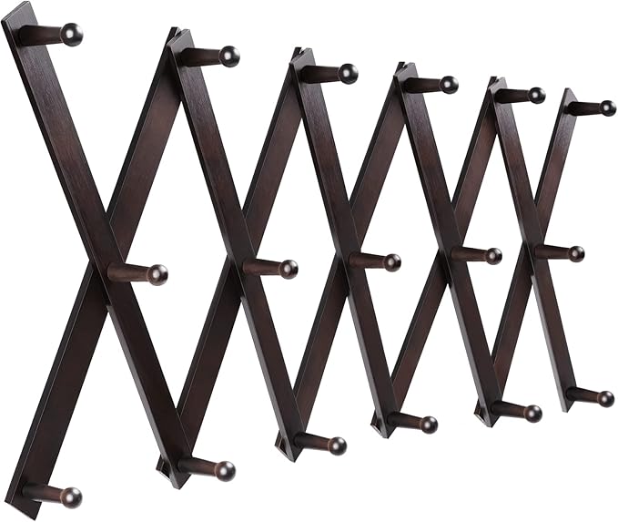 Homode Accordion Wall Hanger, Hat Hangers Wall Mounted, Wood Accordian Coat Rack with 17 Hooks, Expandable Peg Rack Wall Organizer for Hanging Baseball Caps, Hats, Purse, Coffee Cup, Bag, Walnut