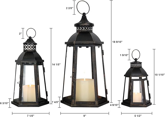 DECORKEY 19’’&16’’&8’’ Lanterns Decorative Outdoor & Indoor, Large Lantern for Front Porch, Metal Frame Candle Holders with Glass, Vintage Patio, Pathway, Balcony, Garden, Yard Decor