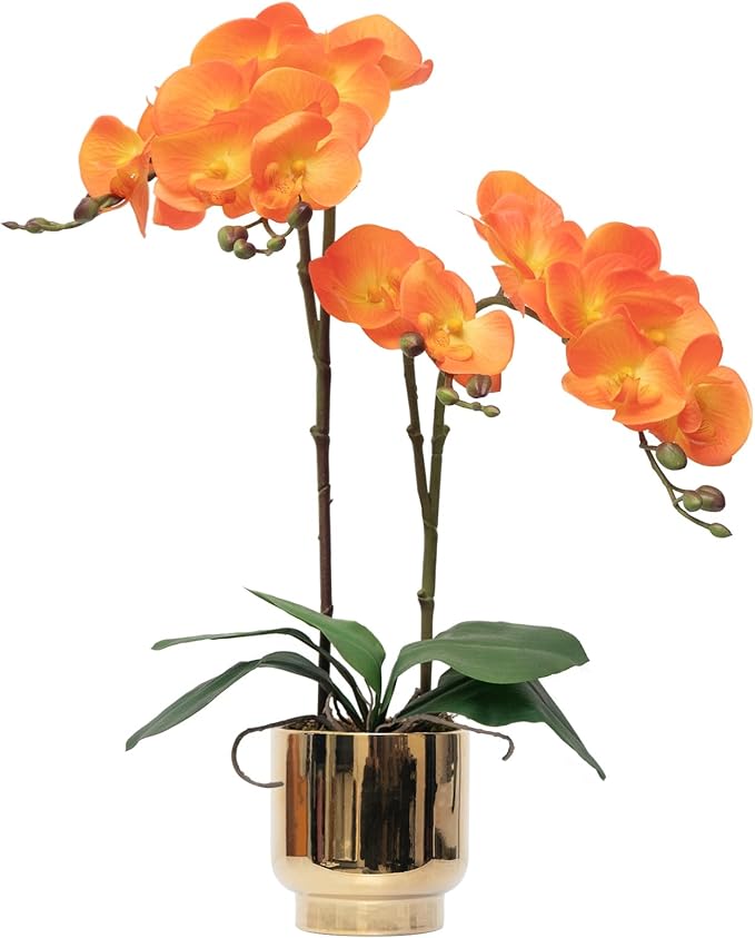 CXGS Orchids Artificial Flowers Real Touch Fake Flowers in Ceramic Pot 20" Orange Faux Orchid Plant Lifelike Silk Phalaenopsis for Centerpiece Hotel Home Indoor Decor