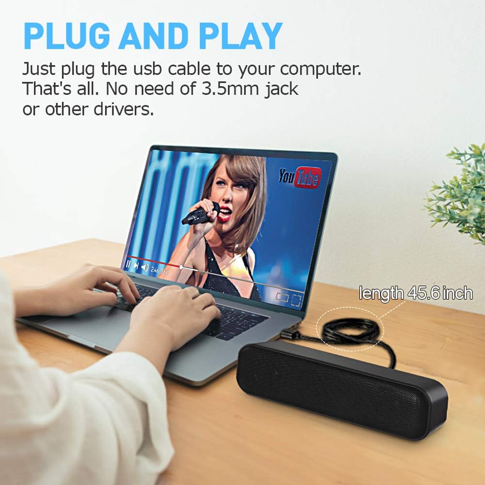 ZETIY Updated Computer Speaker, USB Powered Mini Sound Bar for Desktop, Windows PC, Mac, Plug and Play with Volume